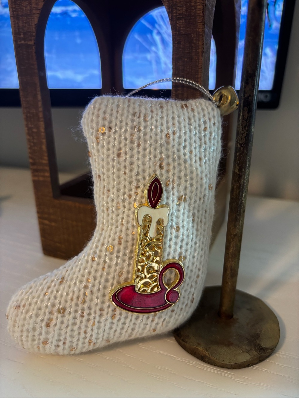 Cream Knit Stocking Ornament with Gold & Red Candle Brooch